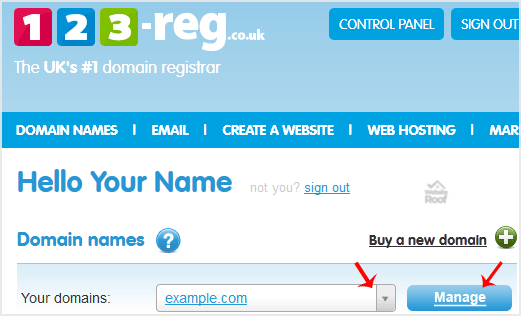 DNS Nameserver on 123-reg-websiteroof