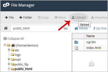 upload files via the cPanel File Manager-websiteroof